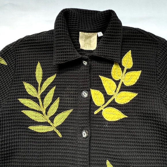 Asian Creations Jacket Floral Appliqued Leaves Vintage Black Green 100% Cotton S - Picture 4 of 7